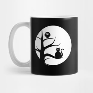 Cute Cat and Owl in Tree, Silhoutte against Full Moon Mug